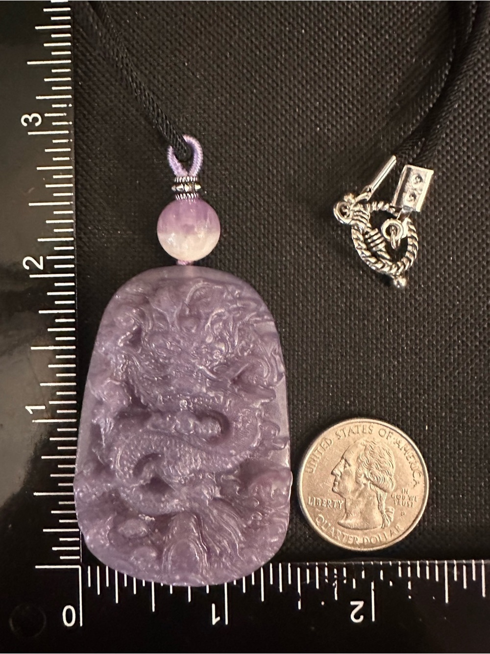 Lavender Carved Ocean Jasper Dragon Pendant Necklace with Half Bowl Amethyst - Picture 15 of 16
